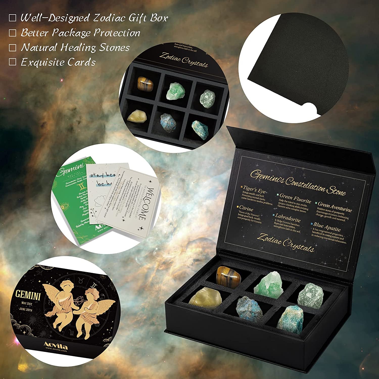 Gemini Crystals Gift Set, Zodiac Signs Healing Crystals Birthstones with Horoscope Box Set Gemini Astrology Crystals Healing Stones Gifts