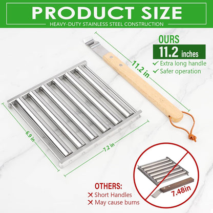 Hot Dog Roller for Grill | Stainless Steel with Extra Long Wood Handle, BBQ Hot Dog Griller for Evenly Cooked Hot Dogs, 5 Hot Dog Capacity