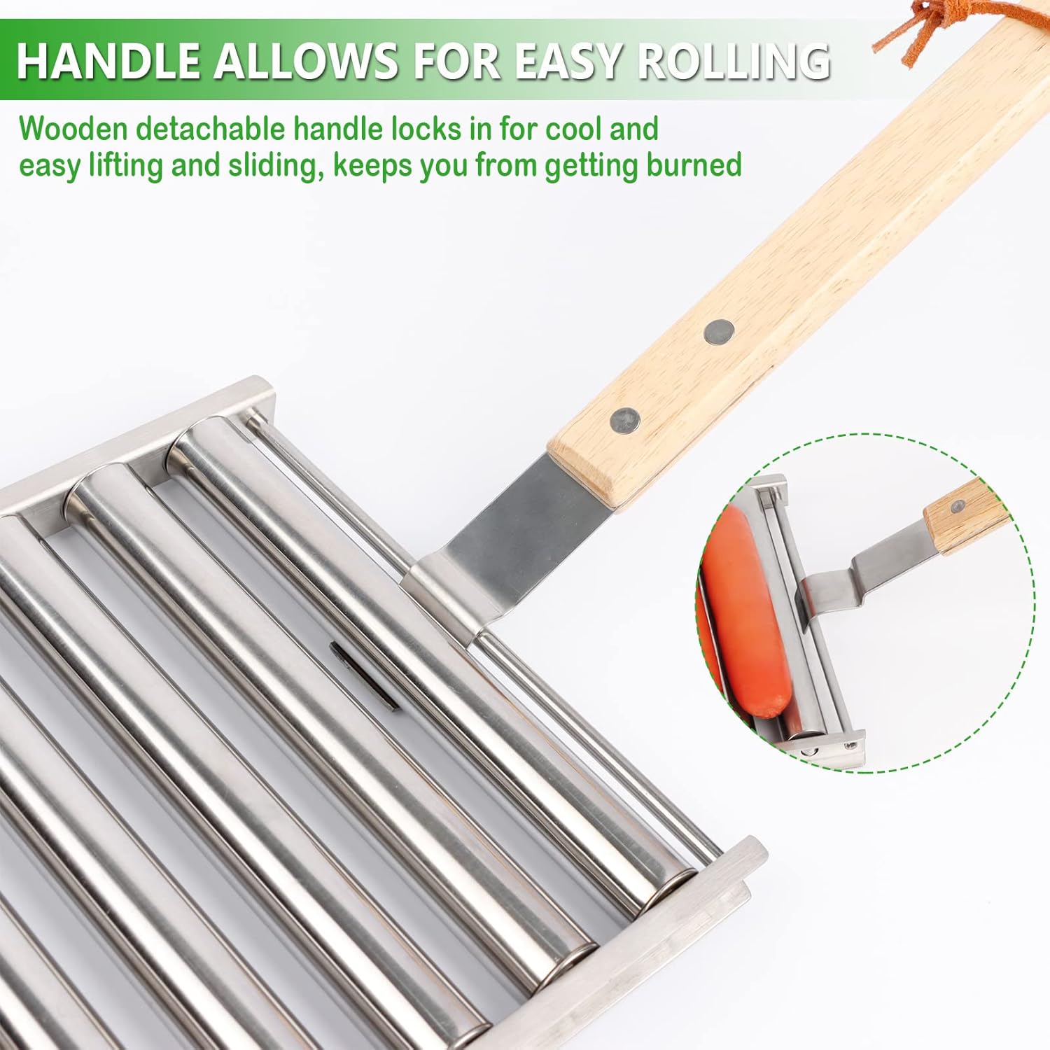 Hot Dog Roller for Grill | Stainless Steel with Extra Long Wood Handle, BBQ Hot Dog Griller for Evenly Cooked Hot Dogs, 5 Hot Dog Capacity