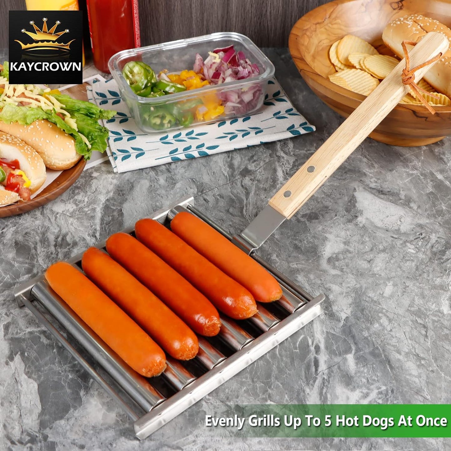 Hot Dog Roller for Grill | Stainless Steel with Extra Long Wood Handle, BBQ Hot Dog Griller for Evenly Cooked Hot Dogs, 5 Hot Dog Capacity