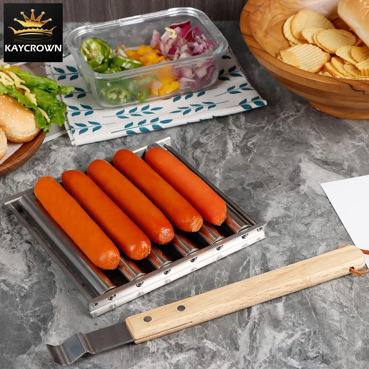 Hot Dog Roller for Grill | Stainless Steel with Extra Long Wood Handle, BBQ Hot Dog Griller for Evenly Cooked Hot Dogs, 5 Hot Dog Capacity