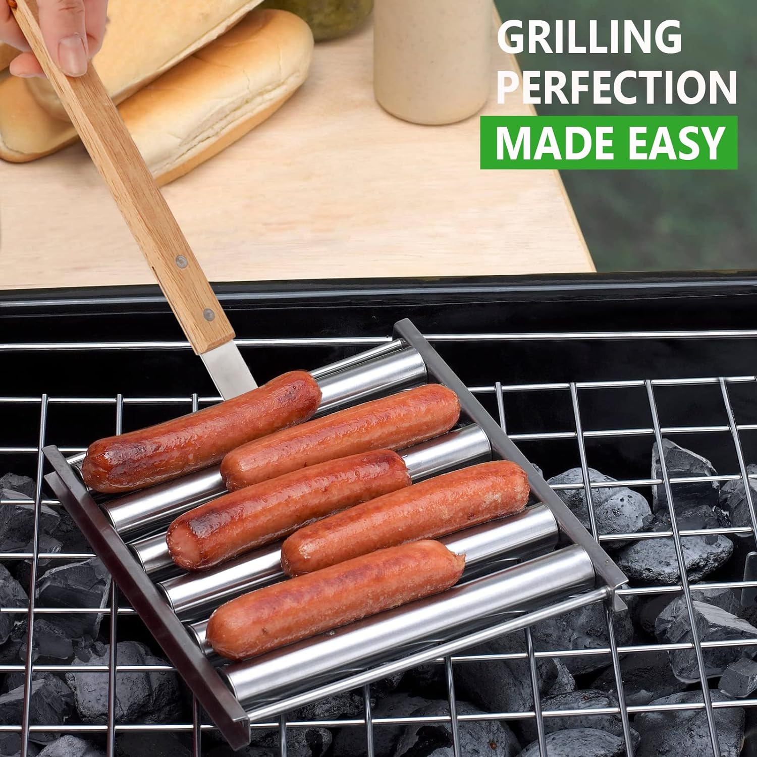 Hot Dog Roller for Grill | Stainless Steel with Extra Long Wood Handle, BBQ Hot Dog Griller for Evenly Cooked Hot Dogs, 5 Hot Dog Capacity