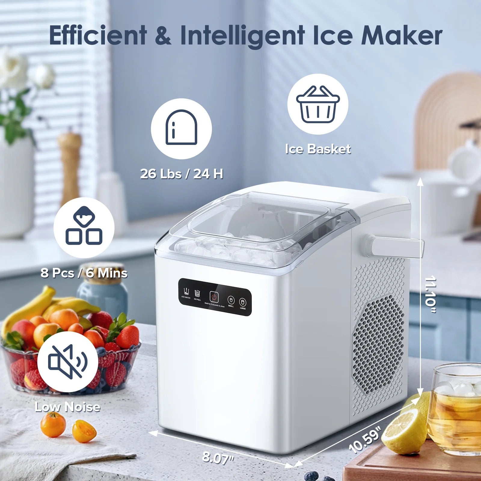 Countertop Ice Maker, Self-Cleaning Portable Ice Machine with Handle, Ice Scoop, 2 Sizes of Bullet Ice Cubes,For Home/Kitchen/Office-Black