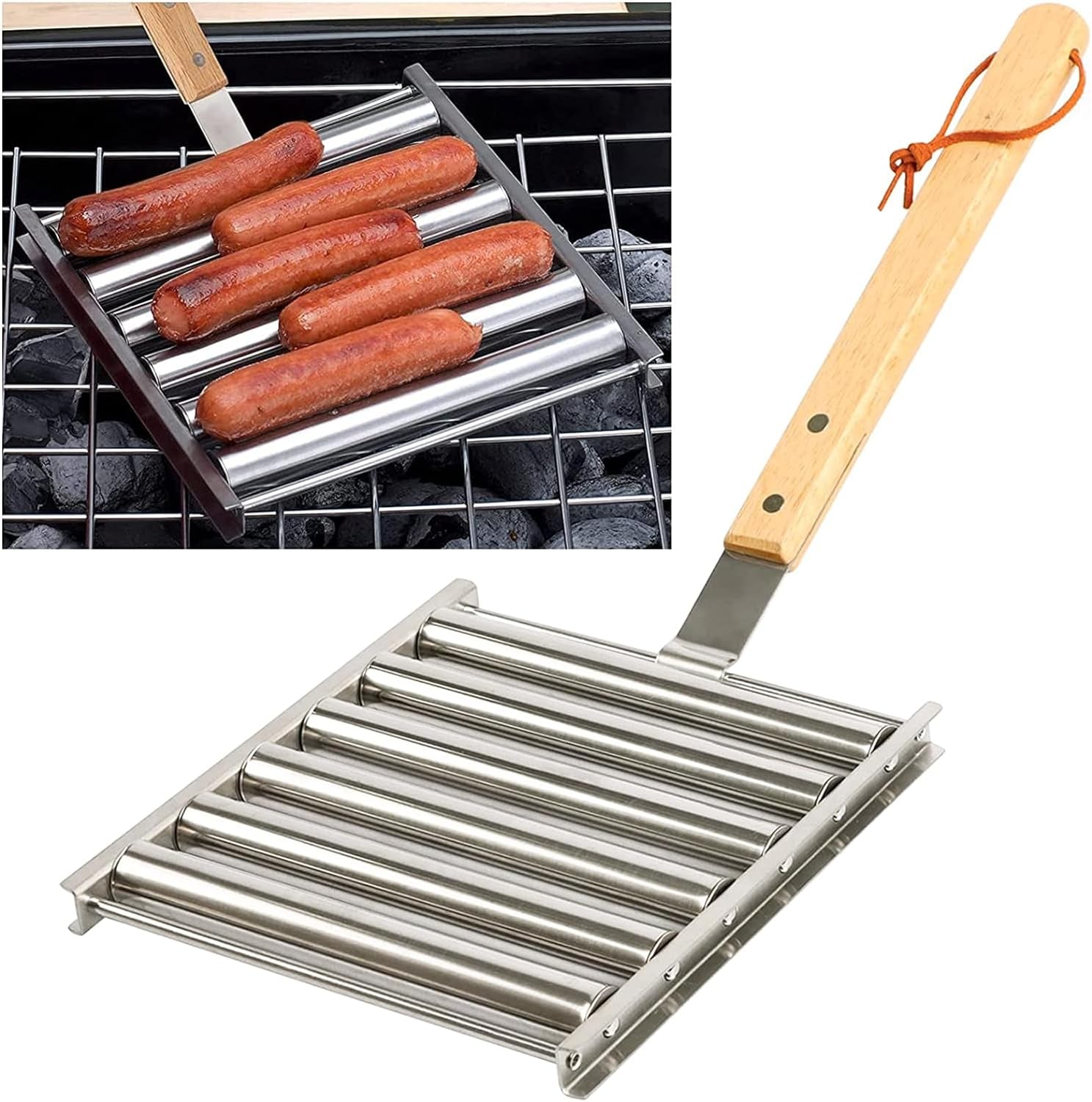 Hot Dog Roller for Grill | Stainless Steel with Extra Long Wood Handle, BBQ Hot Dog Griller for Evenly Cooked Hot Dogs, 5 Hot Dog Capacity